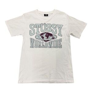 Vintage Y2K Stussy Worldwide Graphic T Shirt Mens Small White Streetwear Tee